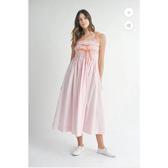 Mable Dresses & Skirts - MABLE Lecia Smocked Midi Dress Pink Size Small Orange Tie Straps Smocked Summer